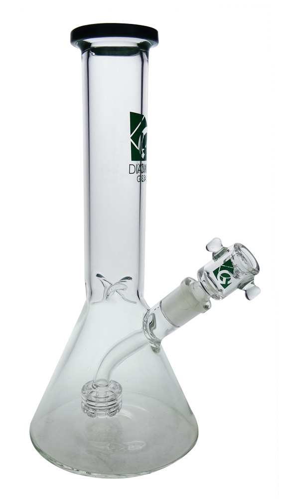 10" Beaker with Fixed Downstem, Showerhead Perk Color Accent on Mouthpiece by Diamond Glass.