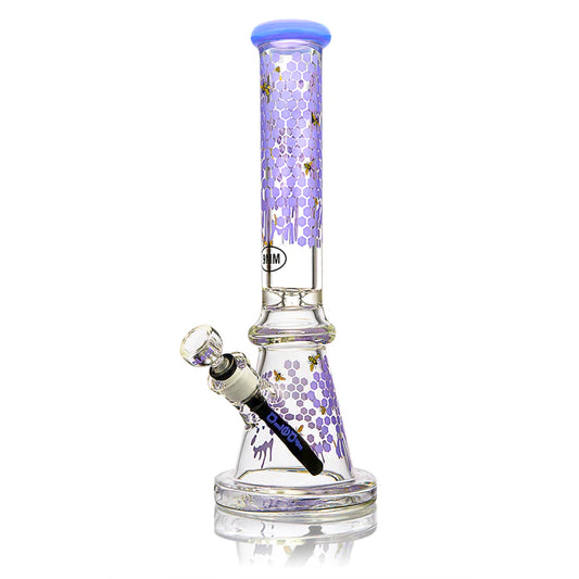 This uniquely designed 16" Beaker honeycomb waterpipe comes with a multi-slit downstem and a color matching handle bowl. Theses pictures don't do justice to how beautiful the American slime looks on this piece of glass. It's all about attention to detail, what we did is we put a pinch of the expensive colored glass in each of the ice catchers. One of our fan favorites for s