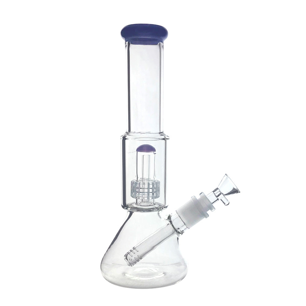 This beaker water pipe stands at 11" tall and features a circle perc that fills up with smoke. This water pipe also has coloured accents and a diffused downstem. Sesh-