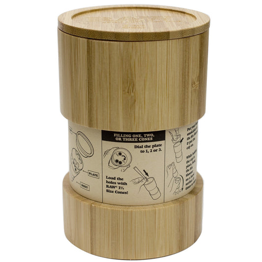 The RAW Six Shooter is brought to another eco-RAW level with this deluxe bamboo version with magnetic bumped design! This variable quantity filler is designed to match your lifestyle. Sometimes you only want to fill one cone, while other times youâ€™re ready to RAWK out and need 6 cones filled with peace. 