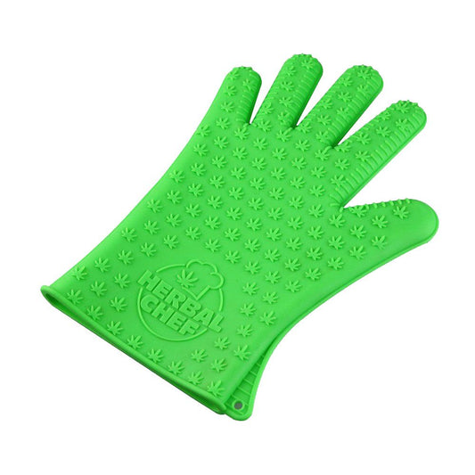 The Herbal Chef Silicone Hot Glove is 420-friendly cookware, and heat resistant up to 445°F / 229°C. The hot glove is made from premium, non-slip silicone and features a raised mini hemp leaf design for an improved grip as well as an obvious style factor. The Herbal Chef Mitt also doubles as a non-slip hot pad, the hot glove will protect your counters and tabletops from unsightly burn marks.