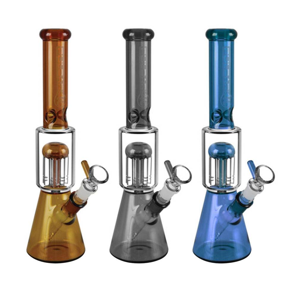 The Pulsar tree perc beaker water pipe stands 11.5" and features an 8-arm tree perc for super smooth hits. These scientific glass water pipes are durable and have a removable diffused downstem, and a beaker base. Includes a 14mm male herb slide. The pipe is sold in assorted colours that may vary from pictures. 