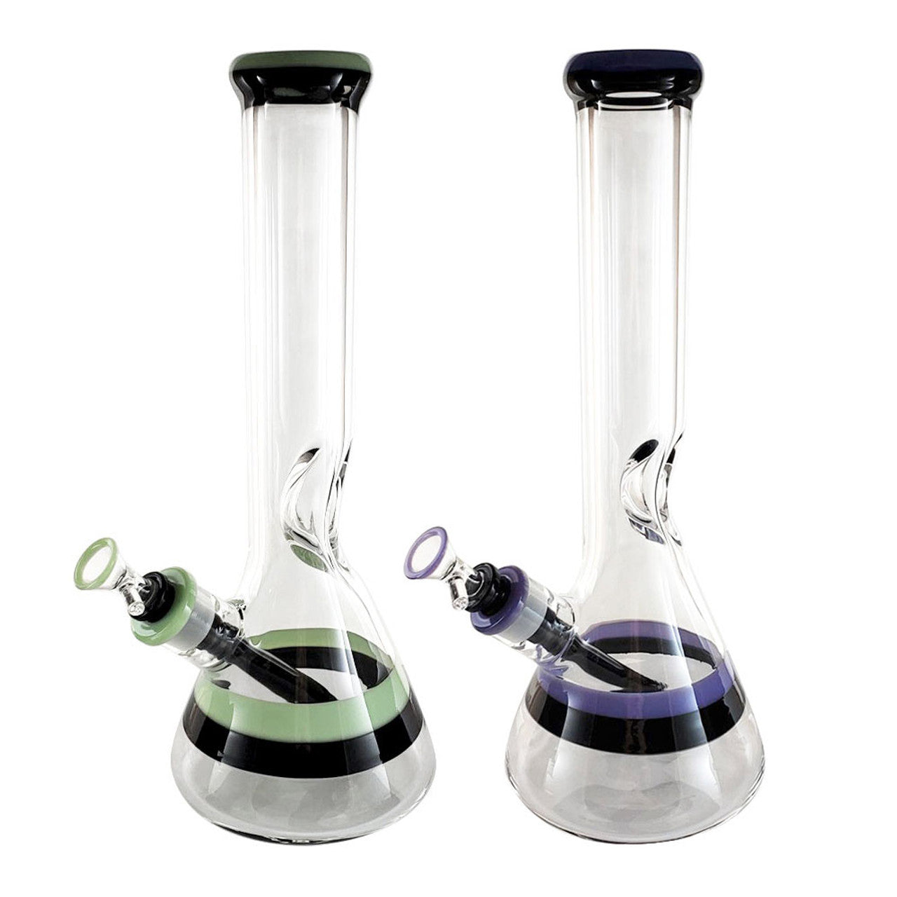 These glass water pipes stand 14 inches tall and features assorted colour accents. These beakers have a built-in 3-pinch ice catcher which makes for cooler, smoother hits. Includes a matching 14mm glass herb slide and removable plastic downstem. Sold in assorted colours that may vary from images.