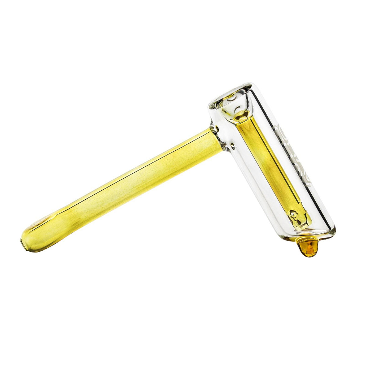 The small Grav Hammer Bubbler is 3" tall and made on 25mm tubing. Its fission downstem diffuses smoke through water, and its feet stabilize the bubbler between uses. No accessories are necessary for using this bubbler, and it functions best with approximately 0.5" of water.