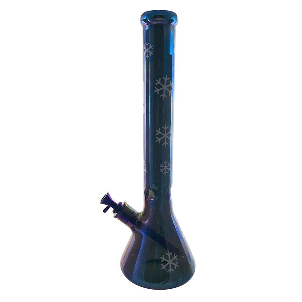 These glass water pipes stand 18 inches tall and features colourful chromatic colours with snowflake decals and the Infyniti Glass logo. These beakers have a built-in 3-pinch ice catcher which makes for cooler, smoother hits. Includes a matching 14mm glass herb slide and removable downstem that measures 5.5" long.