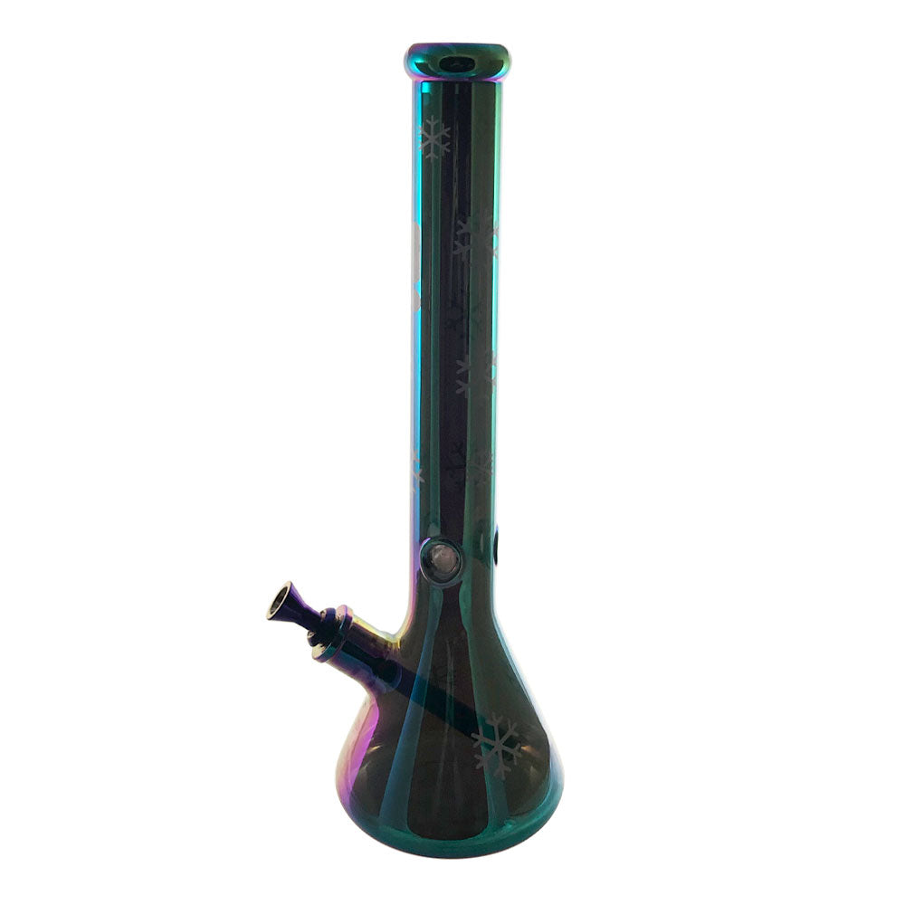These glass water pipes stand 18 inches tall and features colourful chromatic colours with snowflake decals and the Infyniti Glass logo. These beakers have a built-in 3-pinch ice catcher which makes for cooler, smoother hits. Includes a matching 14mm glass herb slide and removable downstem that measures 5.5" long.